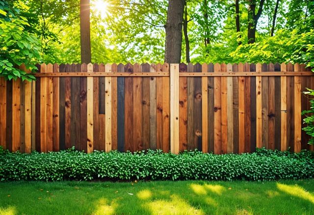 A beautiful wooden fence made of various wood types, surrounded by lush greenery and sunlight filtering through the trees, showcasing durability and natural beauty