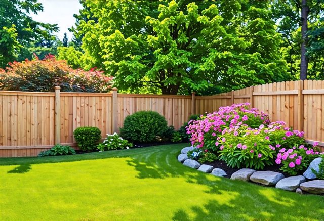 A charming backyard scene with a cedar fence on one side and a pine fence on the other, surrounded by lush green grass and blooming flowers