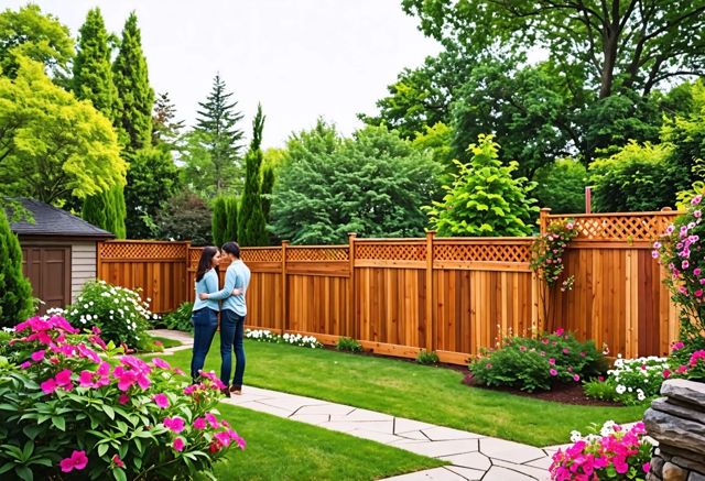 A serene backyard with a variety of wooden fences, showcasing different styles and finishes, surrounded by lush greenery and blooming flowers, with a smiling couple examining the fences.