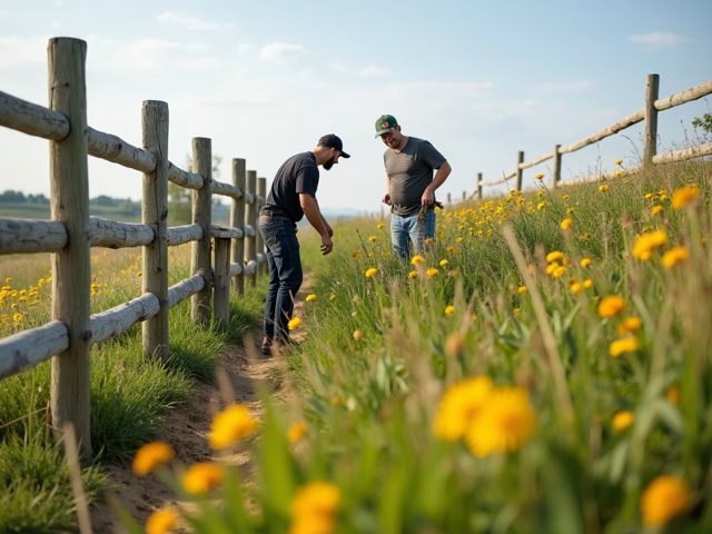 A landscape of uneven terrain with a wooden fence being installed, surrounded by green grass and vibrant wildflowers, with a couple of workers smiling while adjusting the fence posts