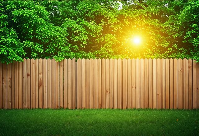 A wooden fence surrounded by lush greenery, with a glowing shield protecting it from termites, bright sunlight filtering through the leaves