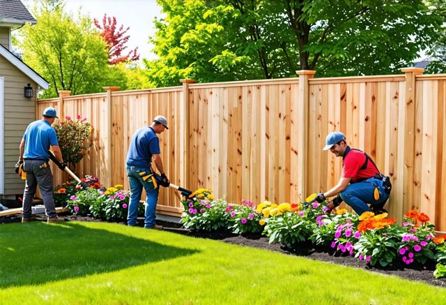 A beautiful cedar fence being installed in a sunny backyard, surrounded by green grass and colorful flowers, with smiling workers engaged in the process.