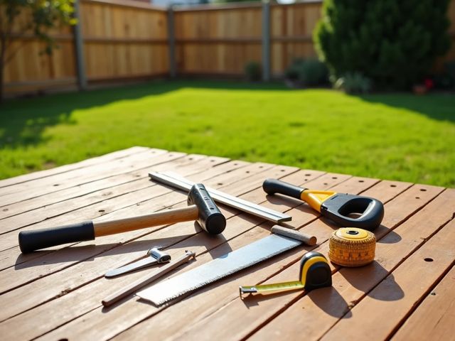 A sunny backyard scene with various fencing tools laid out on a wooden deck, including a hammer, saw, and measuring tape, surrounded by lush green grass and a partially installed fence in the background