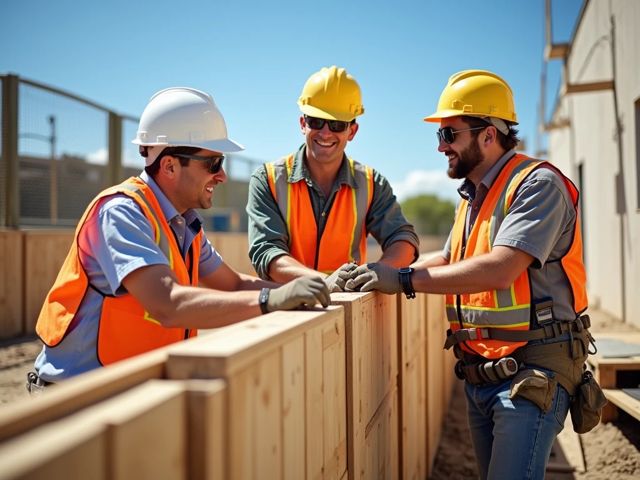 A construction site with workers installing a wooden fence, wearing safety gear, smiling and collaborating, surrounded by tools and materials, under a clear blue sky.