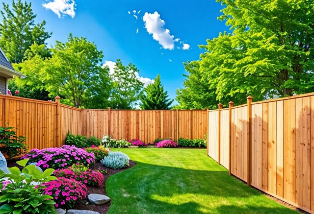 A serene backyard scene showcasing different types of wood fences, including cedar, pine, and redwood, with lush greenery and flowers, a bright blue sky, and a couple of smiling people enjoying the view in the background