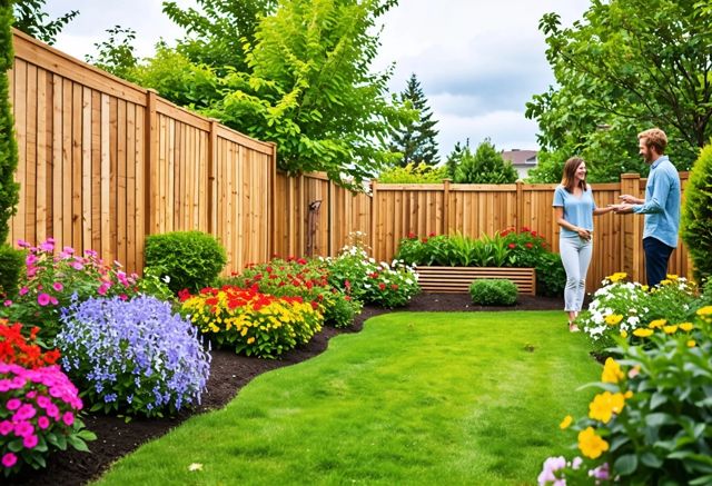 A serene backyard with various types of fencing, showcasing both good and bad examples, surrounded by lush greenery and colorful flowers, with a smiling couple discussing options in the background.