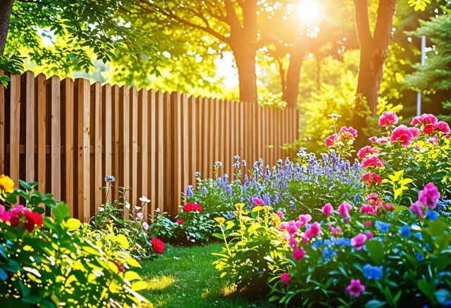 A well-maintained wooden fence surrounded by vibrant flowers and greenery, with sunlight filtering through the trees, creating a serene atmosphere