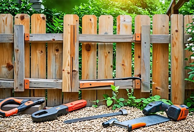 A close-up of a wooden fence being repaired, with tools like a hammer and nails nearby, surrounded by green grass and blooming flowers, evoking a sense of care and craftsmanship.