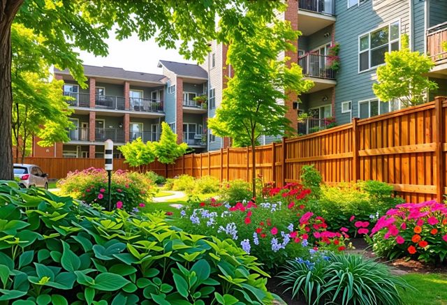 A serene apartment complex featuring wooden fences, surrounded by lush greenery and colorful flowers, with sunlight filtering through the leaves, creating a warm and inviting atmosphere