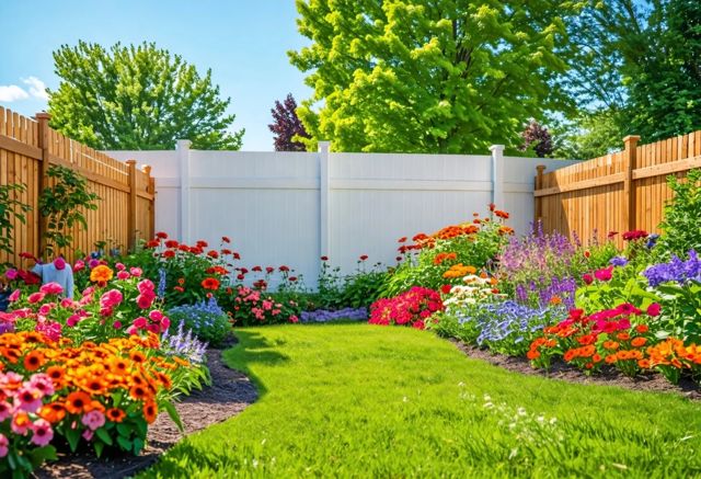 A beautiful backyard scene featuring a wooden fence on one side and a vinyl fence on the other, surrounded by colorful flowers and a bright blue sky, with a couple smiling while gardening in the background