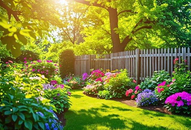 Elegant wooden fences in a lush garden setting, surrounded by colorful flowers and greenery, with sunlight filtering through the leaves