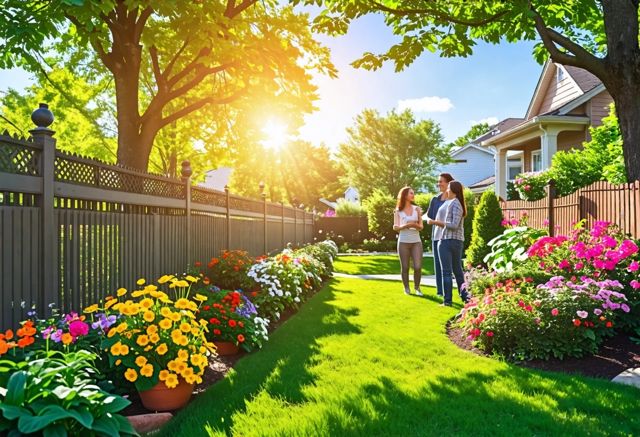 A peaceful suburban scene showcasing various fence heights with vibrant flowers and greenery, sunlight filtering through the trees, and a couple of smiling neighbors discussing over the fence.