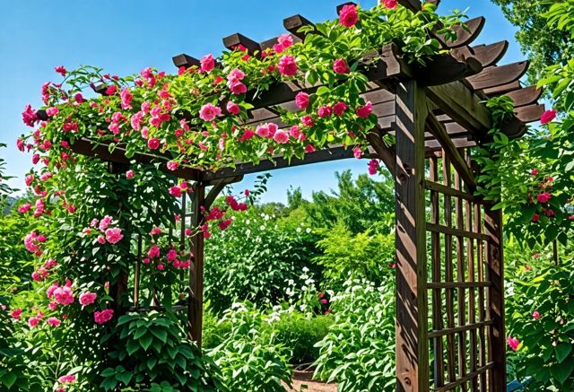 A beautiful wooden garden trellis adorned with climbing flowers, surrounded by lush greenery and a clear blue sky, creating a serene outdoor atmosphere