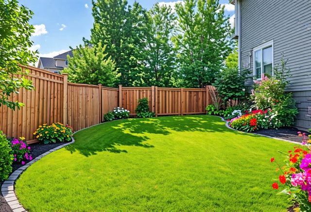 A beautiful backyard with a wooden fence on one side and a composite fence on the other, lush green grass, and vibrant flowers in the foreground