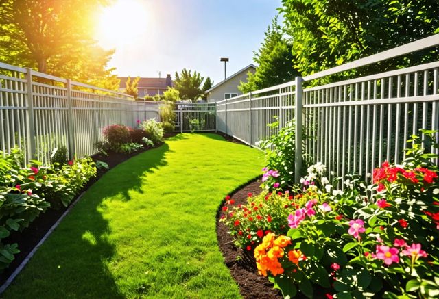 A beautiful garden surrounded by sleek aluminum fencing, with sunlight filtering through the leaves, and cheerful flowers blooming nearby