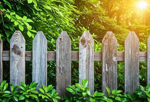 Close-up of pressure-treated wooden fence boards with green foliage in the background, sunlight filtering through the trees, creating a warm and inviting atmosphere