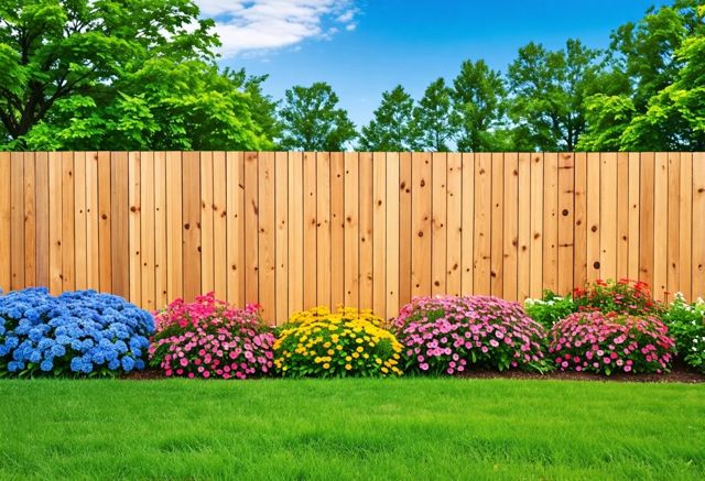 A beautiful wooden fence, half pressure-treated and half untreated, surrounded by lush green grass and colorful flowers, with a bright blue sky in the background