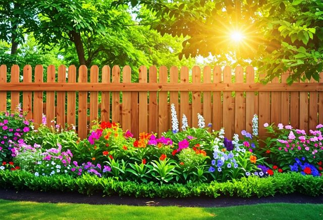 A beautiful wooden fence made of rot-resistant wood, surrounded by a lush green garden with colorful flowers, sunlight filtering through the leaves, creating a warm and inviting atmosphere