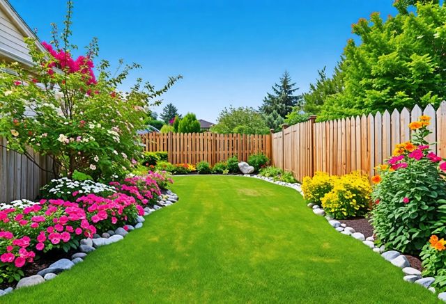 A serene backyard scene featuring a stockade wood fence on one side and a picket wood fence on the other, surrounded by vibrant flowers and lush greenery, with a clear blue sky above.