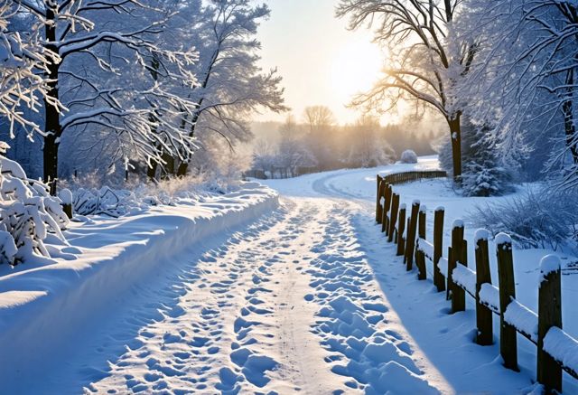 A serene winter landscape with a wooden snow fence along a winding path, snow-covered trees in the background, and soft sunlight casting gentle shadows