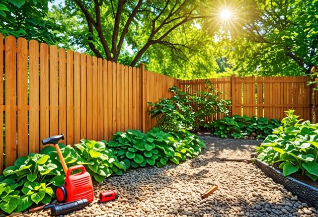 A well-maintained wooden fence surrounded by a lush garden, with tools like a hammer and measuring tape resting on the ground, sunlight filtering through the trees.