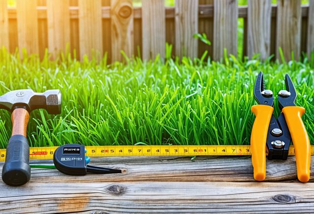 A neatly arranged set of fencing installation tools on a wooden table, including a hammer, pliers, and a measuring tape, with green grass and a wooden fence in the background