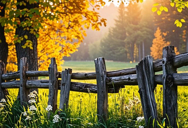 Rustic wooden fence in nature