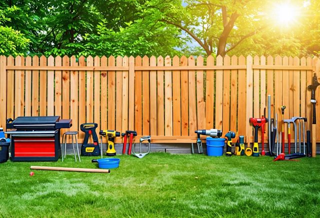 A neatly assembled wooden fence in a lush green backyard, tools and materials neatly arranged, with a sunny sky