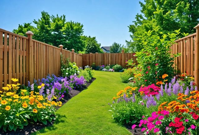 A serene garden scene showcasing tall and short wooden fences, surrounded by vibrant flowers and greenery, with a clear blue sky above