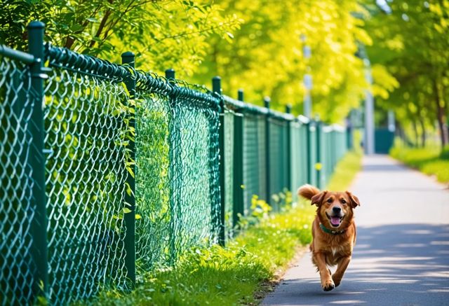 A row of secure chain link fences glistening in the sunlight, surrounded by vibrant greenery, with a smiling dog playfully running nearby