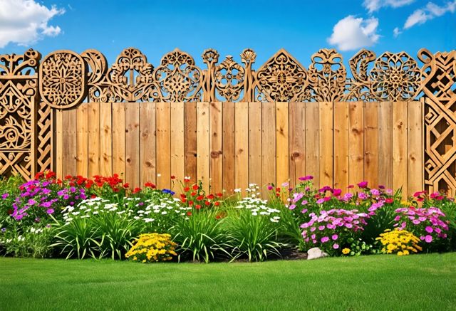 A beautiful wooden fence with various intricate designs, surrounded by lush green grass and vibrant flowers under a clear blue sky