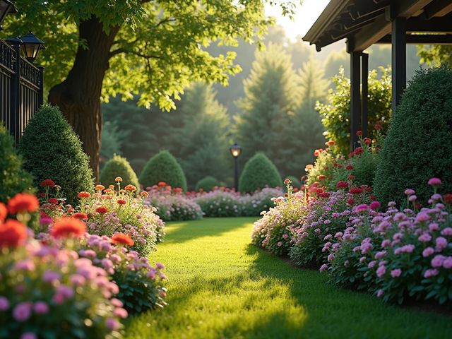 Beautiful ornamental fences surrounding a lush garden with colorful flowers, sunlight filtering through trees, creating a serene atmosphere