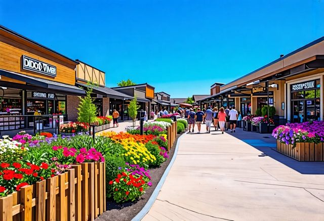 A beautifully landscaped shopping center featuring rustic wood fences, colorful flowers, and shoppers happily browsing, with a bright blue sky in the background