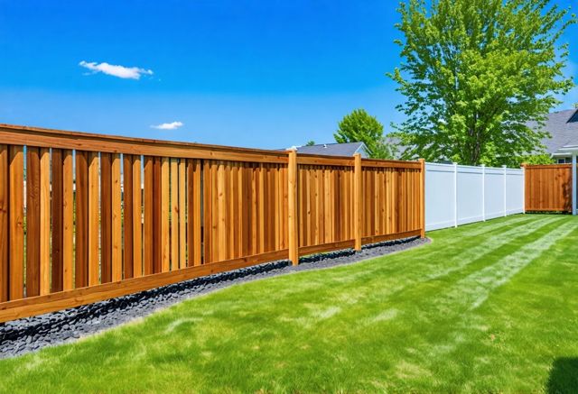 A beautiful wooden fence surrounded by lush greenery, contrasting with a modern vinyl fence nearby, both under a clear blue sky