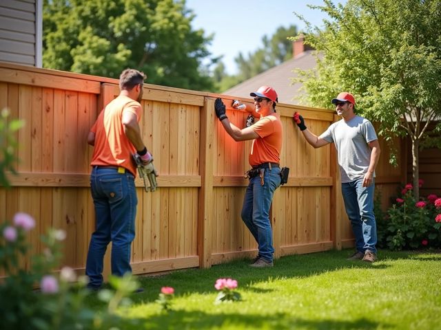 A serene backyard scene showcasing a partially installed wooden fence, tools scattered around, and a smiling person measuring fence panels in the background, surrounded by greenery.