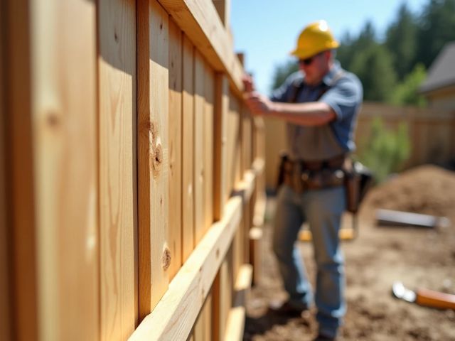 A close-up of a wooden fence being installed with tools scattered around, showing a sunny day and a smiling worker in the background, focused on their task