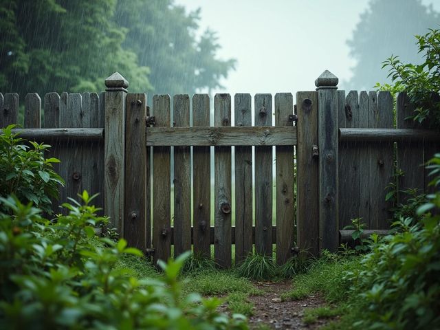 A sturdy wooden fence standing resiliently against strong winds and heavy rain, surrounded by lush greenery and a clear sky in the background, conveying a sense of durability and strength