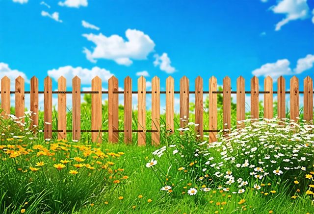 A beautiful wooden fence surrounded by lush green grass and blooming flowers, with a bright blue sky in the background