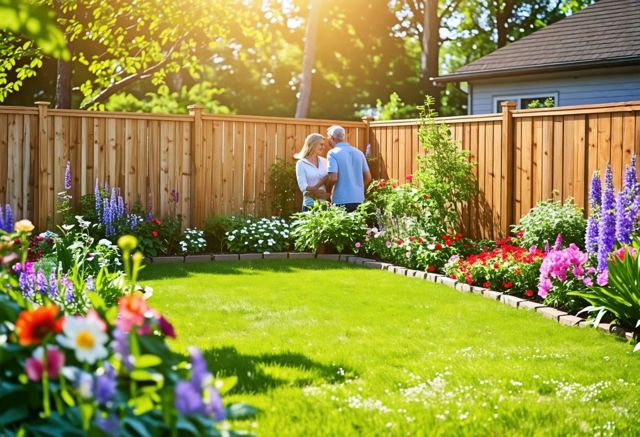 A beautiful wooden fence in a sunny backyard, surrounded by colorful flowers and lush green grass, with a smiling couple admiring their garden