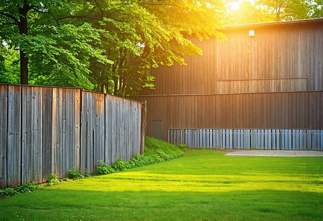 A rustic wooden fence surrounding a large warehouse, with green grass and trees in the background, sunlight filtering through the leaves, creating a warm and inviting atmosphere.