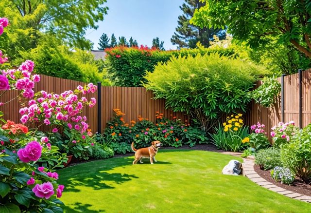 A serene backyard with a stylish interior fence enclosure surrounded by lush greenery, featuring a happy dog playing and colorful flowers blooming