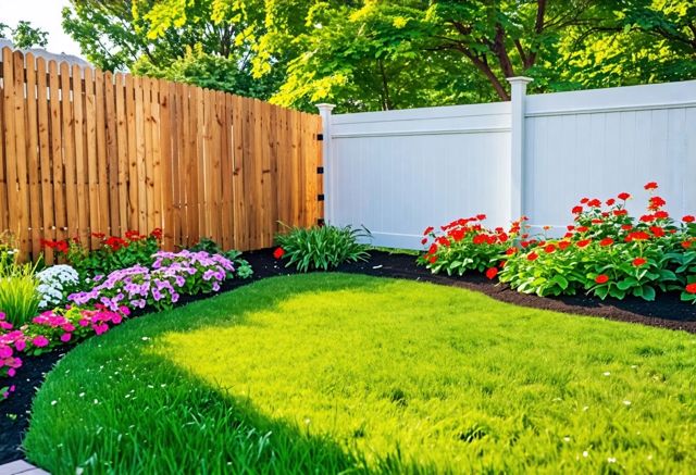 A serene backyard scene featuring a rustic wooden fence on one side and a sleek vinyl fence on the other, surrounded by vibrant flowers and green grass, with a gentle breeze rustling the leaves