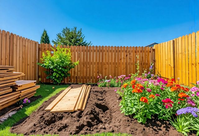 A backyard with freshly dug post holes, wooden fence panels stacked neatly, and colorful flowers blooming in the foreground under a clear blue sky