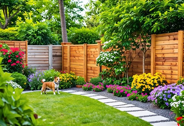 A serene backyard with a variety of wooden fences, showcasing different treatments and finishes, surrounded by lush greenery and colorful flowers, with a cheerful dog playing nearby.