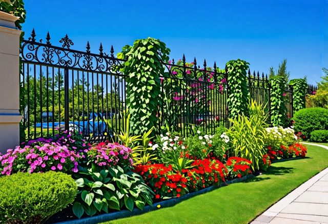 A beautifully designed ornamental fence surrounded by lush green plants and colorful flowers, with a clear blue sky in the background, evoking a sense of elegance and charm