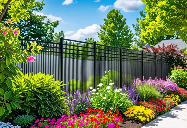 A sleek, durable aluminum fence surrounding a vibrant garden with colorful flowers and greenery, under a sunny sky, creating a sense of security and beauty