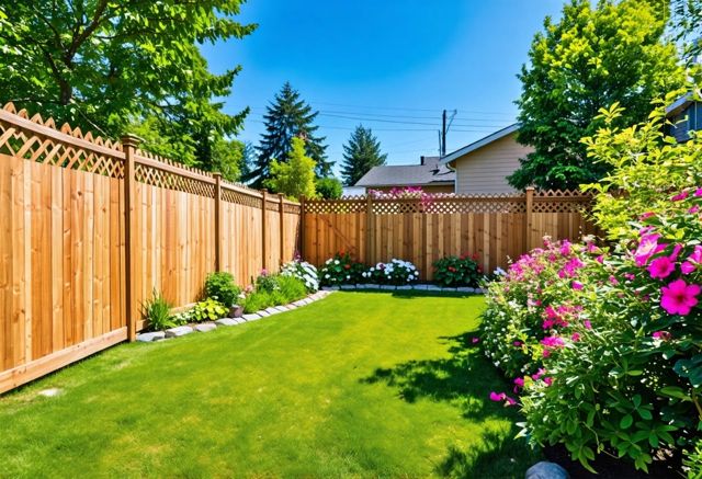 A sturdy wooden fence surrounding a cozy backyard, with vibrant flowers and a clear blue sky, creating a sense of safety and tranquility