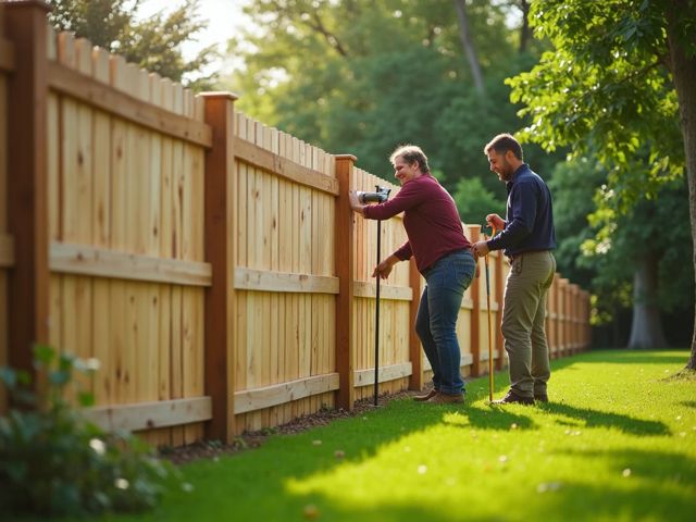 A well-aligned wooden fence in a lush green garden, with sunlight filtering through the trees, and a couple of smiling people working together to maintain the fence.