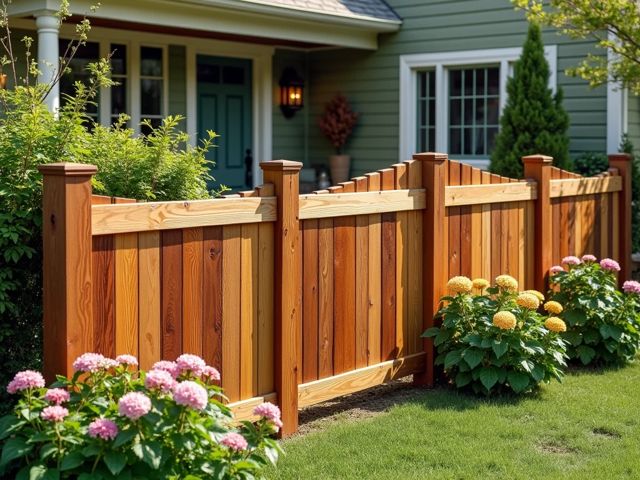 A serene garden scene featuring a beautifully crafted wooden fence surrounded by colorful flowers and lush greenery, with sunlight filtering through the leaves