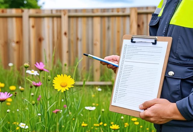 A detailed checklist on a clipboard with a wooden fence in the background, surrounded by green grass and blooming flowers, with a smiling person in work attire examining the checklist